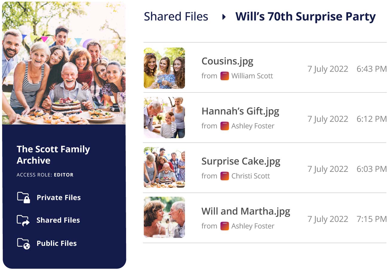 Mockup of the Scott Family Archive on Permanent.org showing photos of Will Scott's surprise birthday party uploaded by multiple family members